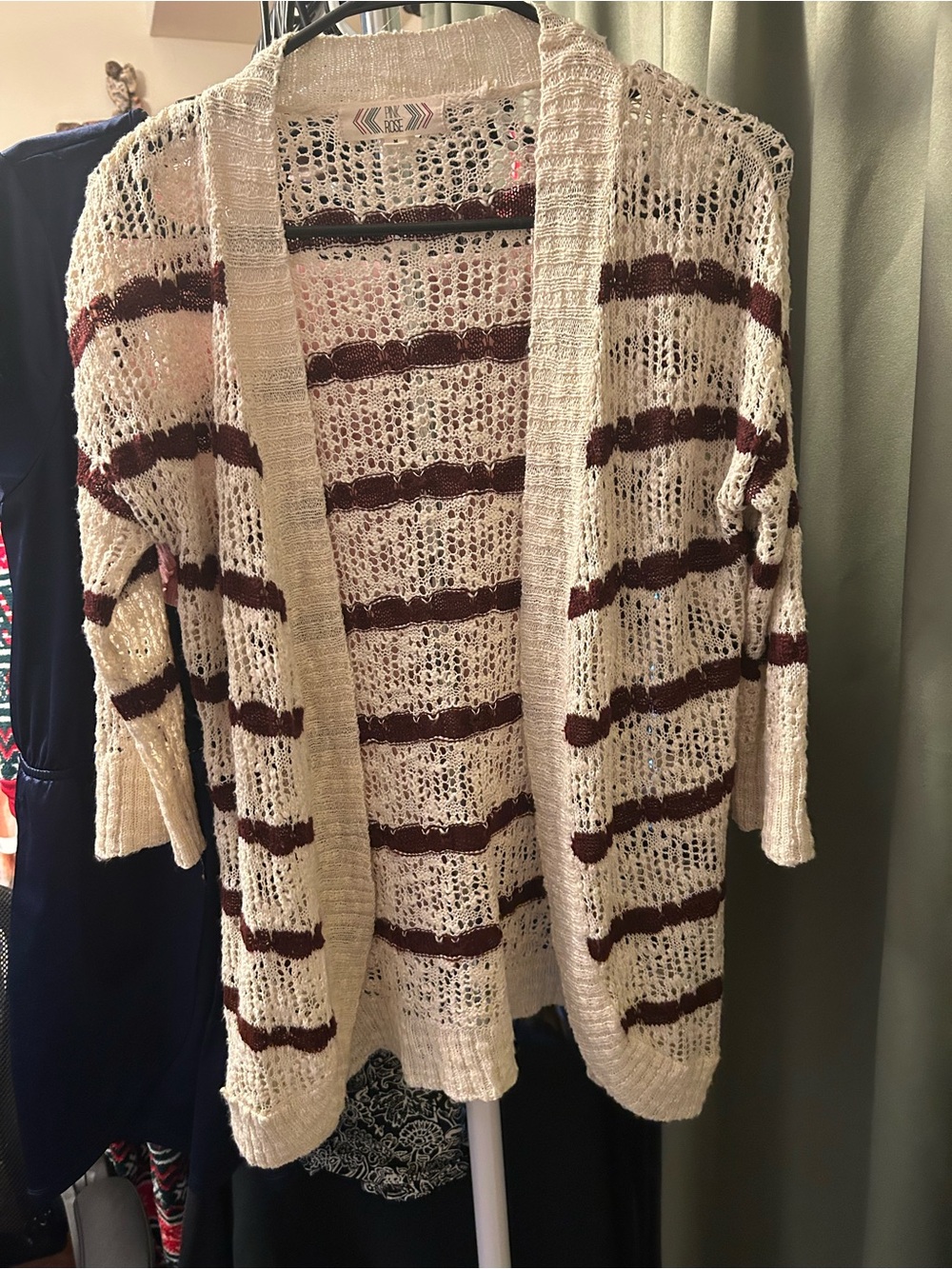 Open-Front Cream Cardigan with Burgundy Stripes